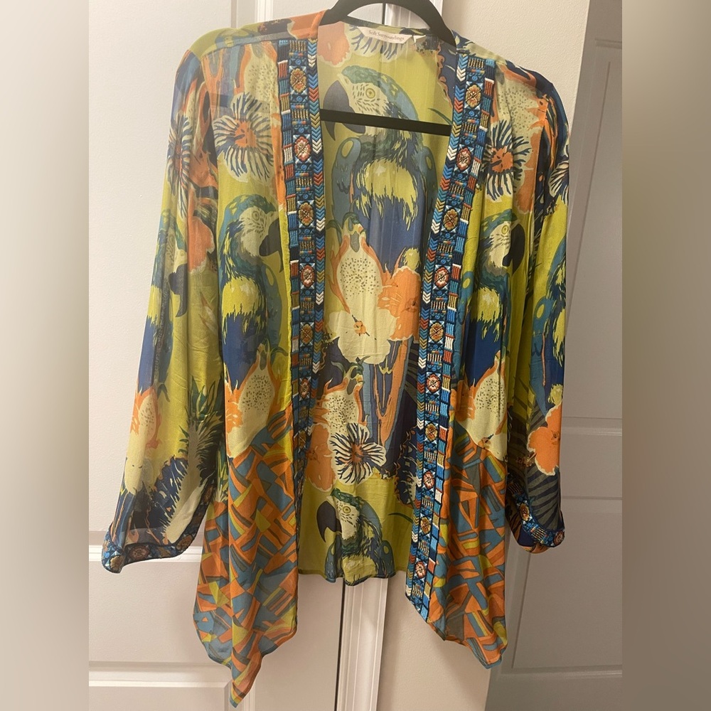 Soft Surroundings multi-colored tropical print open front cardigan. Size Medium.